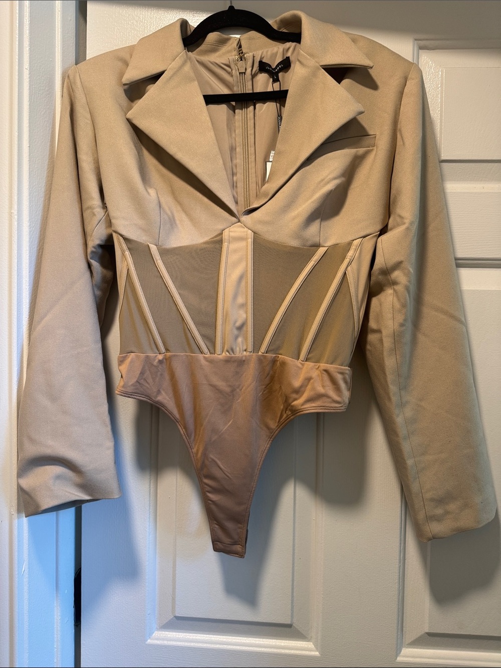 JLUXLABEL Beige Structured Long Sleeve Corset Bodysuit